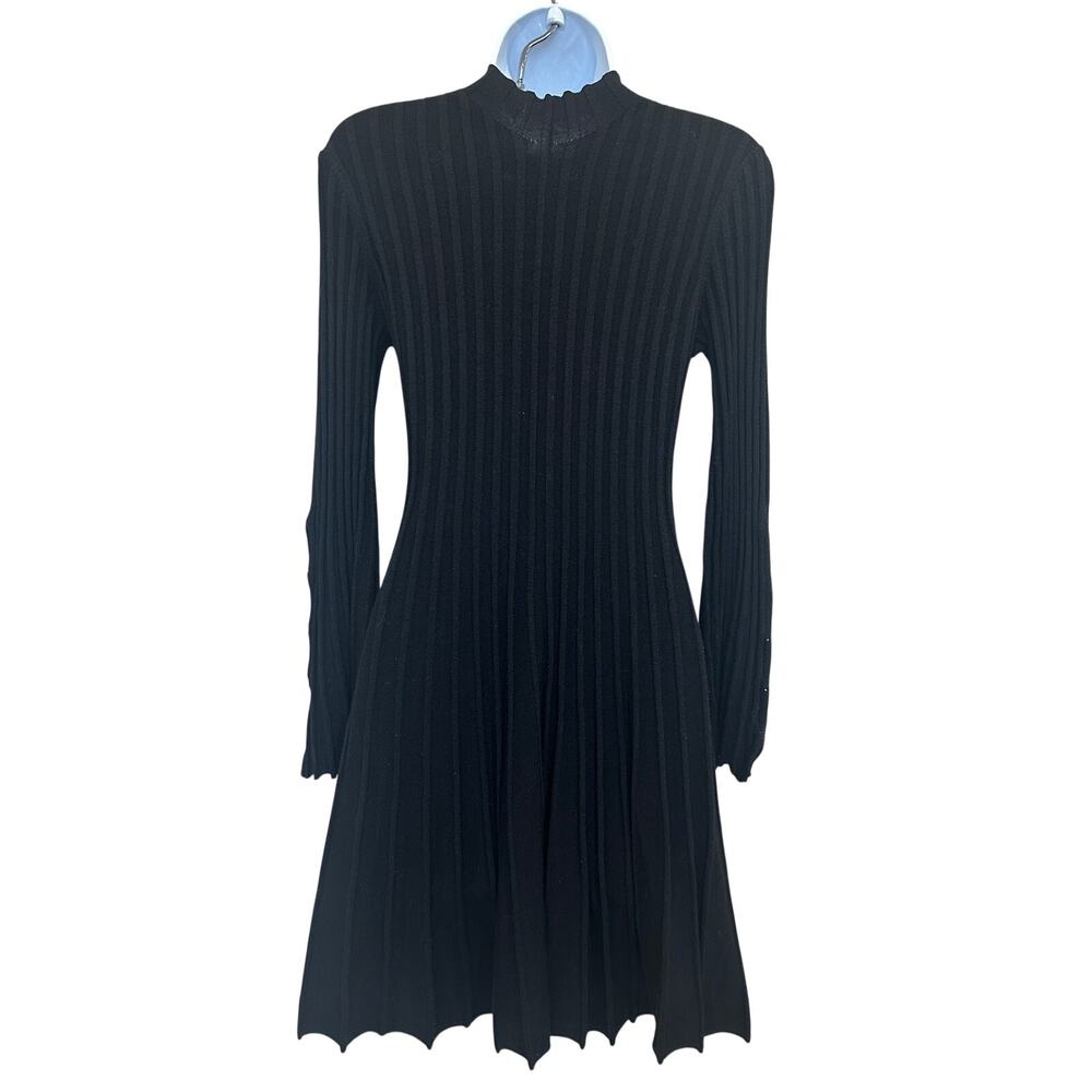 Maje Black Ribbed Knit Mini Dress SMALL Career Fit Flare Long Bell Sleeve $300 - Picture 7 of 11